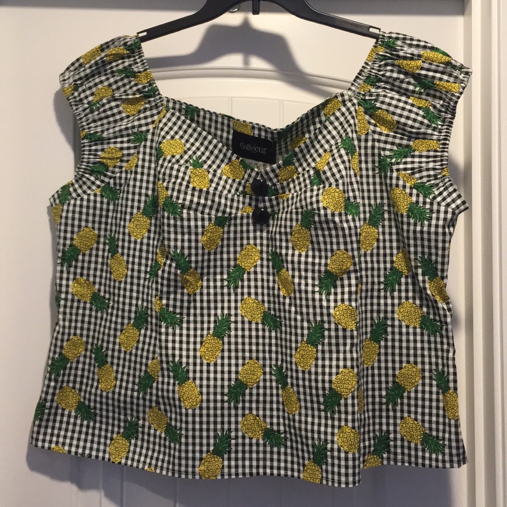 Pineapple gingham print retro style blouse
